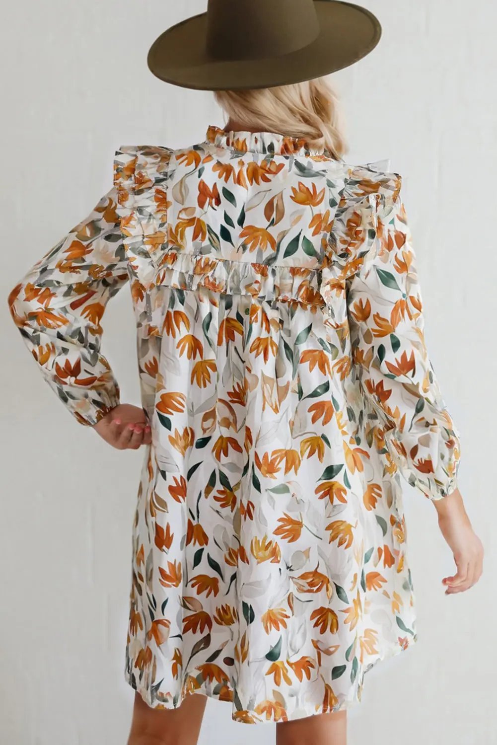 Yellow Floral Print Tie Neck Frilled Long Sleeve Mini Dress Dear-Lover Dropshipping